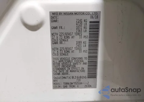 2018 Nissan Rogue Sv z USA, uszkodzony, nr VIN 5N1AT2MV7JC826806